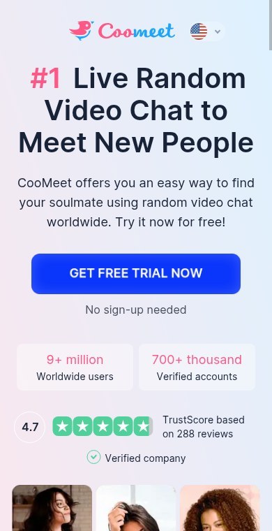 Page d'accueil de CooMeet sur mobile avec le bouton GET FREE TRIAL NOW et la grille de profils