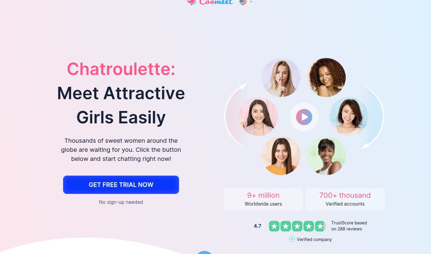 Page Chatroulette de CooMeet avec cinq portraits en cercle et le bouton GET FREE TRIAL NOW